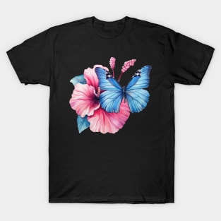 Blue Butterfly on Pink Hibiscus Watercolor T-Shirt